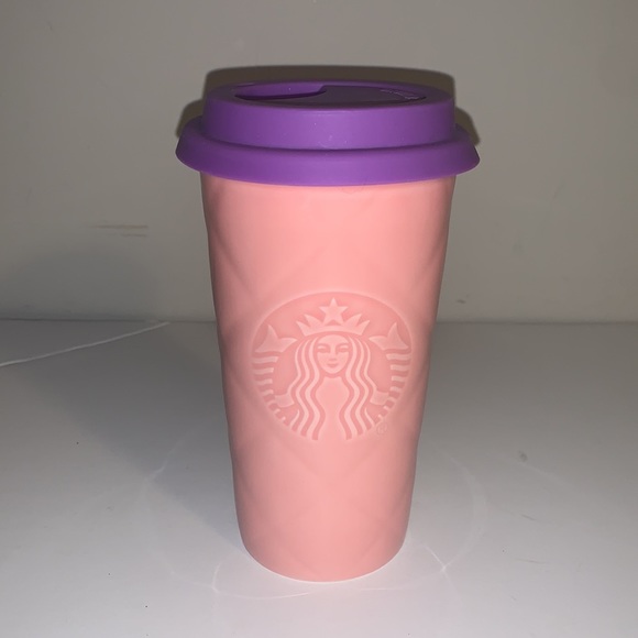 Starbucks Pink Textured Ceramic To Go Cup with Purple Silicone Lid - Picture 2 of 7